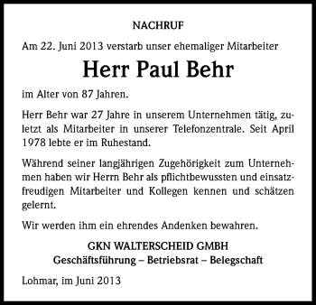 Anzeige von Paul Behr von Kölner Stadt-Anzeiger / Kölnische Rundschau / Express
