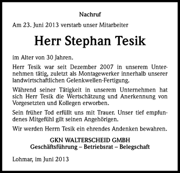 Anzeige von Stephan Tesik von Kölner Stadt-Anzeiger / Kölnische Rundschau / Express