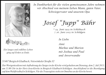 Anzeige von Josef Bähr von Kölner Stadt-Anzeiger / Kölnische Rundschau / Express