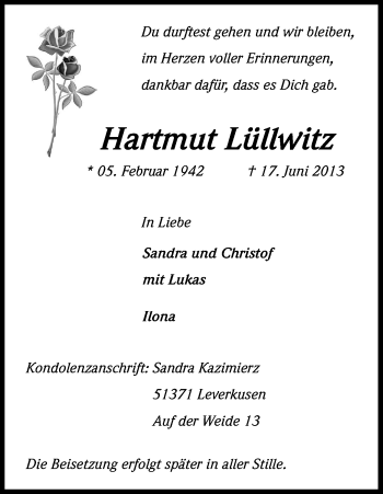 Anzeige von Hartmut Lüllwitz von Kölner Stadt-Anzeiger / Kölnische Rundschau / Express