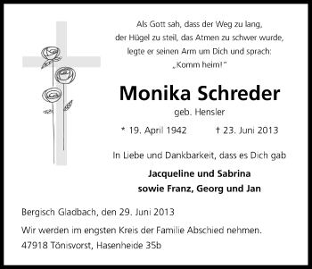 Anzeige von Monika Schreder von Kölner Stadt-Anzeiger / Kölnische Rundschau / Express