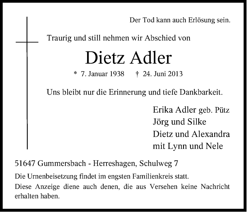  Traueranzeige für Dietz Adler vom 28.06.2013 aus Kölner Stadt-Anzeiger / Kölnische Rundschau / Express