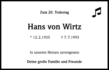 Anzeige von Hans von Wirtz von Kölner Stadt-Anzeiger / Kölnische Rundschau / Express