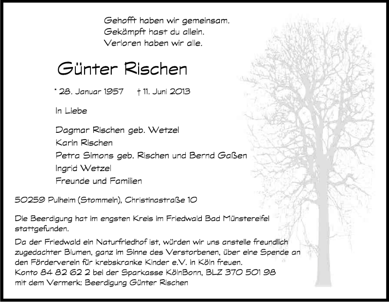  Traueranzeige für Günter Rischen vom 29.06.2013 aus Kölner Stadt-Anzeiger / Kölnische Rundschau / Express