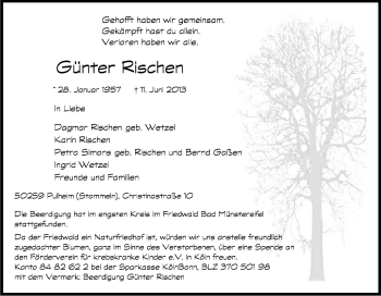 Anzeige von Günter Rischen von Kölner Stadt-Anzeiger / Kölnische Rundschau / Express