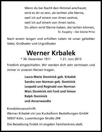 Anzeige von Werner Krbalek von Kölner Stadt-Anzeiger / Kölnische Rundschau / Express