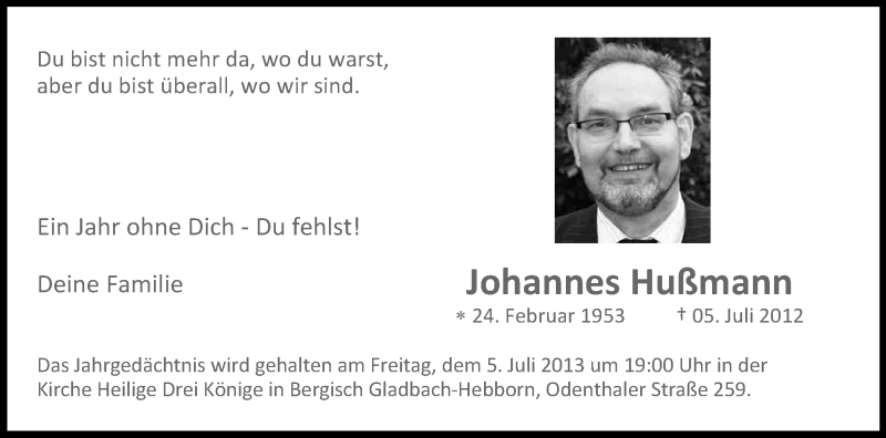  Traueranzeige für Johannes Hußmann vom 29.06.2013 aus Kölner Stadt-Anzeiger / Kölnische Rundschau / Express