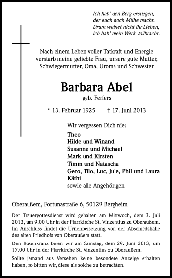 Anzeige von Barbara Abel von Kölner Stadt-Anzeiger / Kölnische Rundschau / Express
