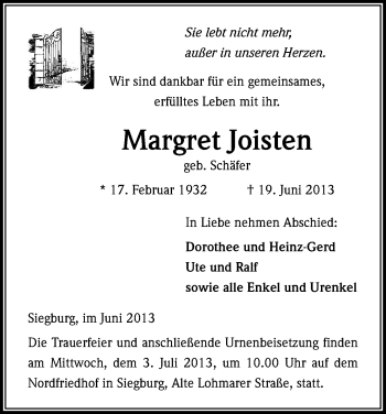Anzeige von Margarete Joisten von Kölner Stadt-Anzeiger / Kölnische Rundschau / Express