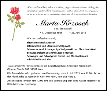 Anzeige von Marta Krzosek von Kölner Stadt-Anzeiger / Kölnische Rundschau / Express