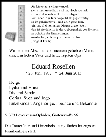 Anzeige von Eduard Rosellen von Kölner Stadt-Anzeiger / Kölnische Rundschau / Express