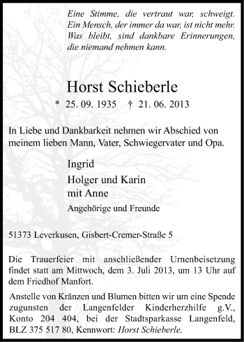 Anzeige von Horst Schieberle von Kölner Stadt-Anzeiger / Kölnische Rundschau / Express