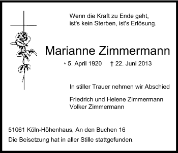 Anzeige von Marianne Zimmermann von Kölner Stadt-Anzeiger / Kölnische Rundschau / Express