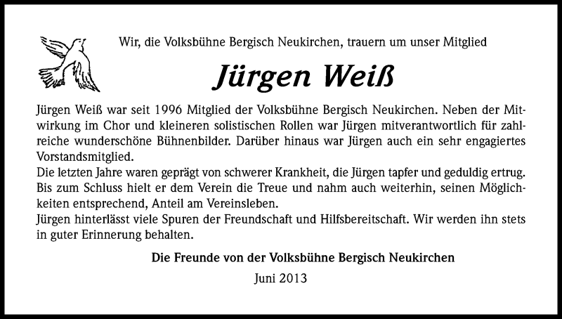 Traueranzeige für Jürgen Weiß vom 29.06.2013 aus Kölner Stadt-Anzeiger / Kölnische Rundschau / Express