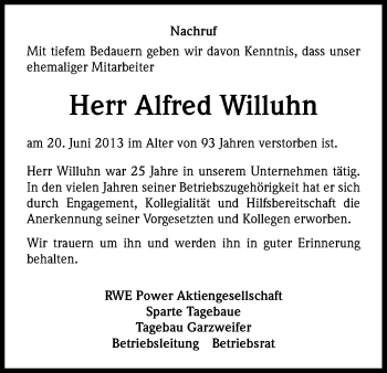Anzeige von Alfred Willuhn von Kölner Stadt-Anzeiger / Kölnische Rundschau / Express