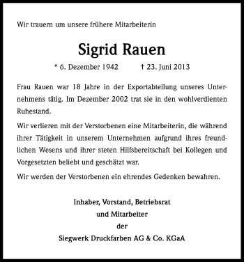 Anzeige von Sigrid Rauen von Kölner Stadt-Anzeiger / Kölnische Rundschau / Express