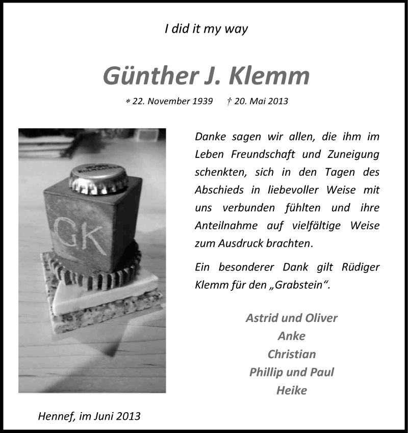  Traueranzeige für Günther Klemm vom 29.06.2013 aus Kölner Stadt-Anzeiger / Kölnische Rundschau / Express
