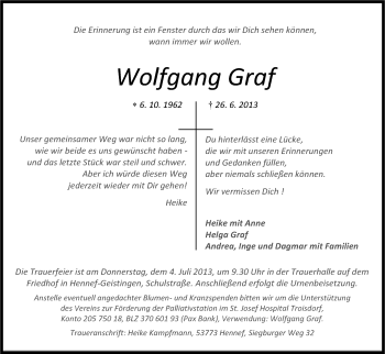 Anzeige von Wolfgang Graf von Kölner Stadt-Anzeiger / Kölnische Rundschau / Express