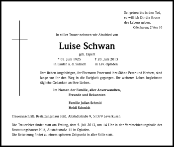 Anzeige von Luise Schwan von Kölner Stadt-Anzeiger / Kölnische Rundschau / Express