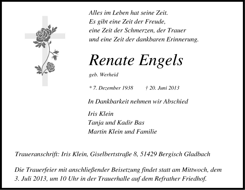  Traueranzeige für Renate Engels vom 29.06.2013 aus Kölner Stadt-Anzeiger / Kölnische Rundschau / Express