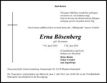 Anzeige von Erna Bösenberg von Kölner Stadt-Anzeiger / Kölnische Rundschau / Express