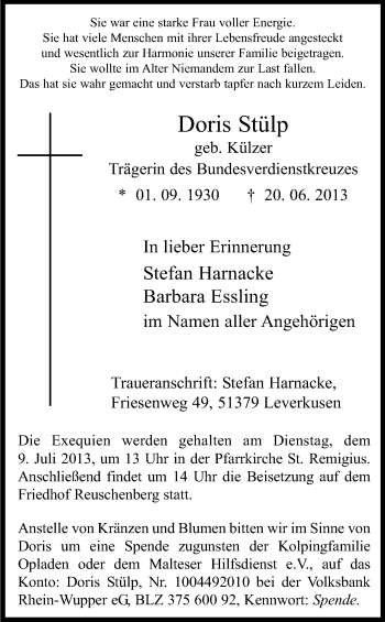 Anzeige von Doris Stülp von Kölner Stadt-Anzeiger / Kölnische Rundschau / Express