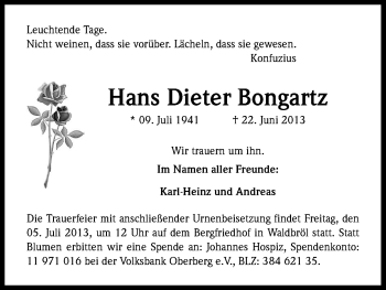Anzeige von Hans Dieter Bongartz von Kölner Stadt-Anzeiger / Kölnische Rundschau / Express