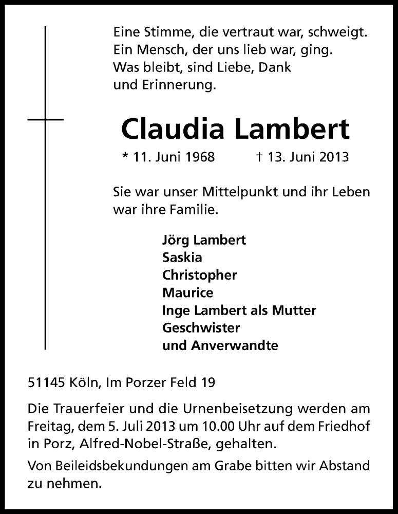  Traueranzeige für Claudia Lambert vom 29.06.2013 aus Kölner Stadt-Anzeiger / Kölnische Rundschau / Express