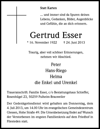 Anzeige von Gertrud Esser von Kölner Stadt-Anzeiger / Kölnische Rundschau / Express