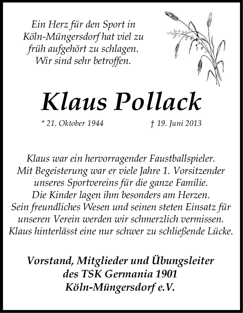  Traueranzeige für Klaus Pollack vom 29.06.2013 aus Kölner Stadt-Anzeiger / Kölnische Rundschau / Express
