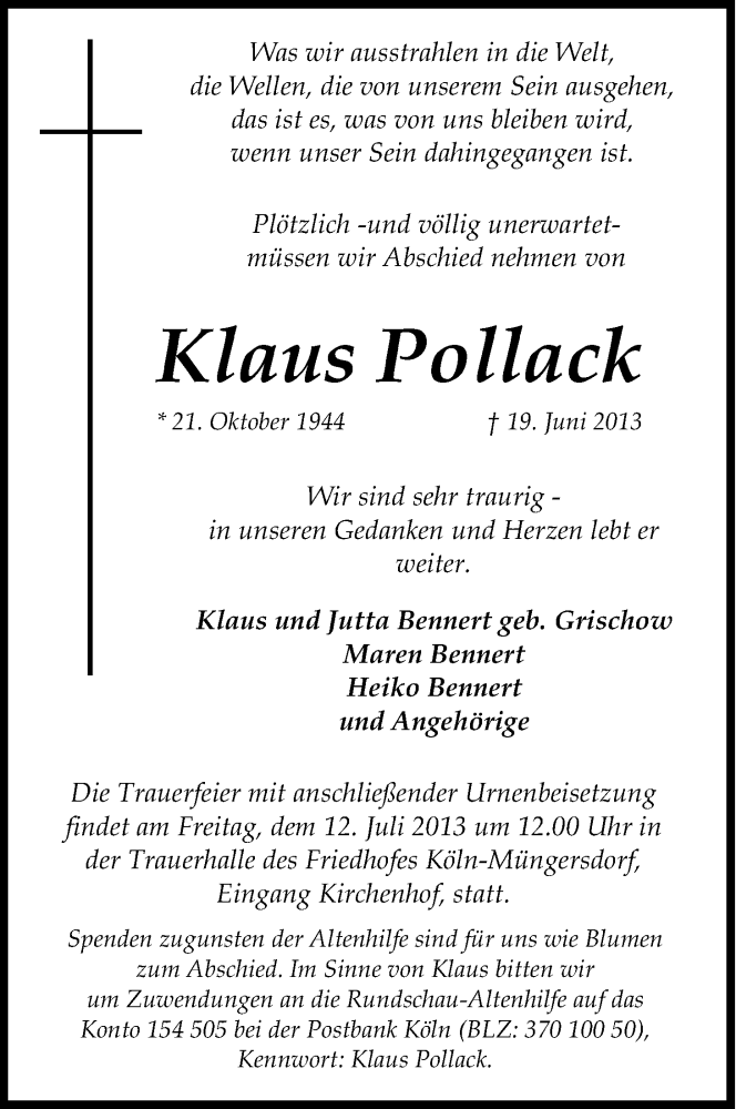  Traueranzeige für Klaus Pollack vom 29.06.2013 aus Kölner Stadt-Anzeiger / Kölnische Rundschau / Express