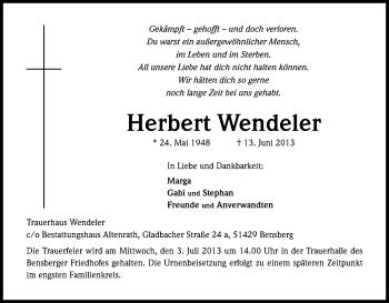 Anzeige von Herbert Wendeler von Kölner Stadt-Anzeiger / Kölnische Rundschau / Express