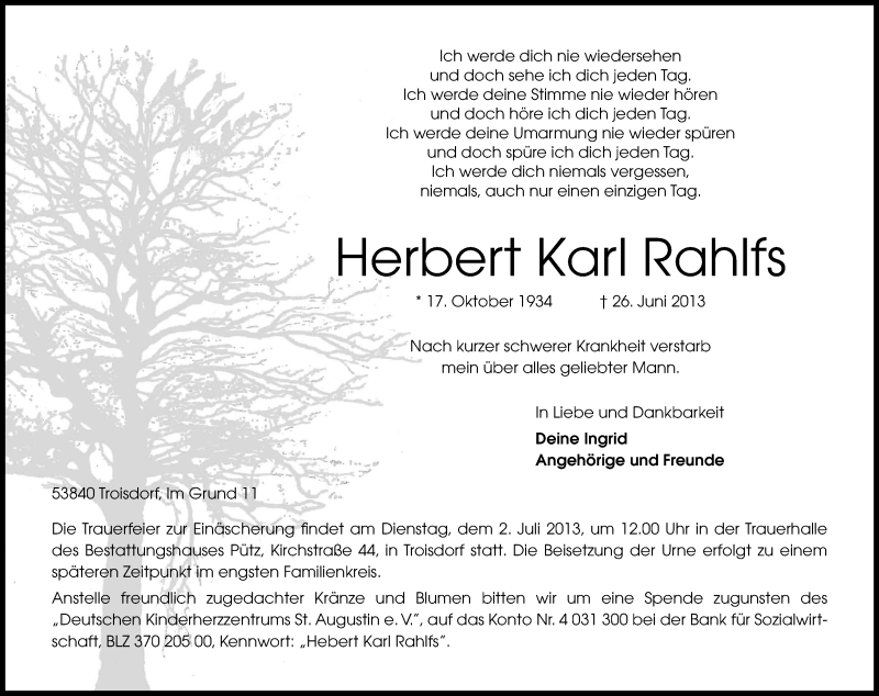  Traueranzeige für Herbert Karl Rahlfs vom 29.06.2013 aus Kölner Stadt-Anzeiger / Kölnische Rundschau / Express