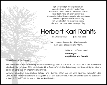 Anzeige von Herbert Karl Rahlfs von Kölner Stadt-Anzeiger / Kölnische Rundschau / Express