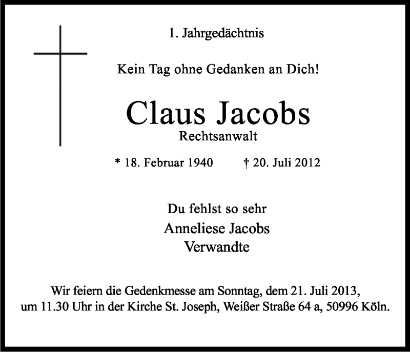  Traueranzeige für Claus Jacobs vom 13.07.2013 aus Kölner Stadt-Anzeiger / Kölnische Rundschau / Express