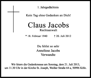 Anzeige von Claus Jacobs von Kölner Stadt-Anzeiger / Kölnische Rundschau / Express