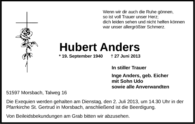  Traueranzeige für Hubert Anders vom 29.06.2013 aus Kölner Stadt-Anzeiger / Kölnische Rundschau / Express