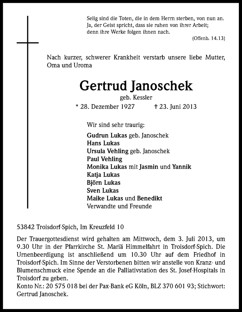  Traueranzeige für Gertrud Janoschek vom 29.06.2013 aus Kölner Stadt-Anzeiger / Kölnische Rundschau / Express