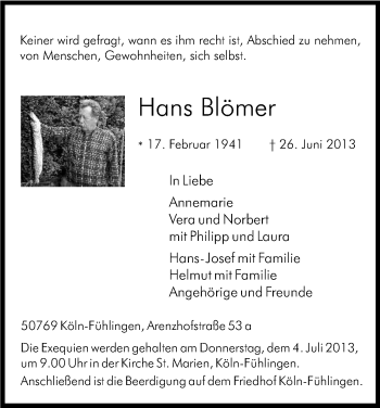 Anzeige von Hans Blömer von Kölner Stadt-Anzeiger / Kölnische Rundschau / Express