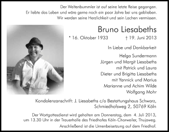 Anzeige von Bruno Liesabeths von Kölner Stadt-Anzeiger / Kölnische Rundschau / Express