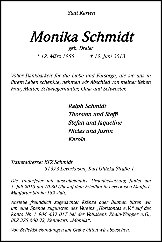  Traueranzeige für Monika Schmidt vom 29.06.2013 aus Kölner Stadt-Anzeiger / Kölnische Rundschau / Express