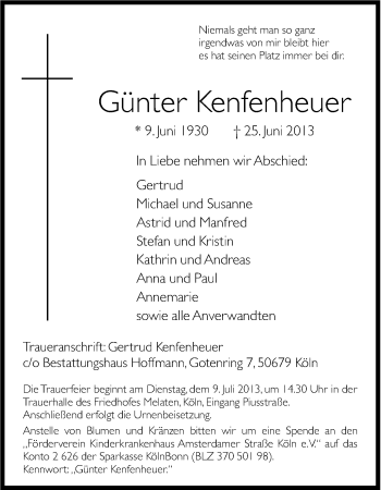 Anzeige von Günter Kenfenheuer von Kölner Stadt-Anzeiger / Kölnische Rundschau / Express