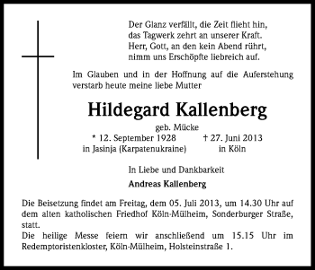 Anzeige von Hildegard Kallenberg von Kölner Stadt-Anzeiger / Kölnische Rundschau / Express