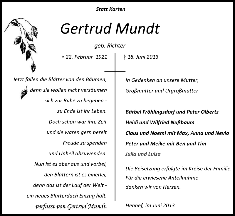  Traueranzeige für Gertrud Mundt vom 29.06.2013 aus Kölner Stadt-Anzeiger / Kölnische Rundschau / Express