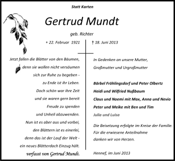Anzeige von Gertrud Mundt von Kölner Stadt-Anzeiger / Kölnische Rundschau / Express