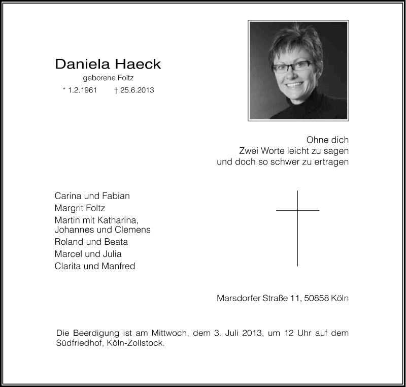  Traueranzeige für Daniela Haeck vom 29.06.2013 aus Kölner Stadt-Anzeiger / Kölnische Rundschau / Express