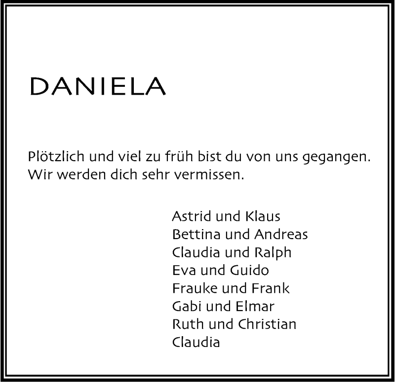  Traueranzeige für Daniela Haeck vom 29.06.2013 aus Kölner Stadt-Anzeiger / Kölnische Rundschau / Express