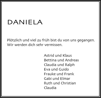 Anzeige von Daniela Haeck von Kölner Stadt-Anzeiger / Kölnische Rundschau / Express