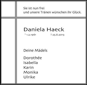 Anzeige von Daniela Haeck von Kölner Stadt-Anzeiger / Kölnische Rundschau / Express