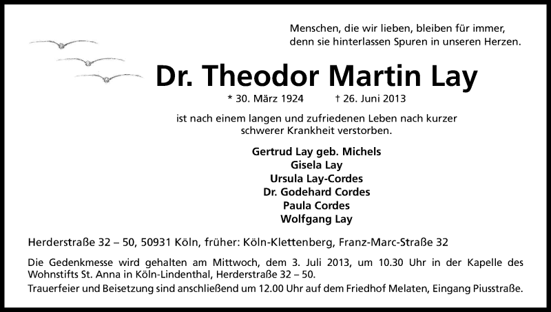  Traueranzeige für Theodor Martin Lay vom 29.06.2013 aus Kölner Stadt-Anzeiger / Kölnische Rundschau / Express